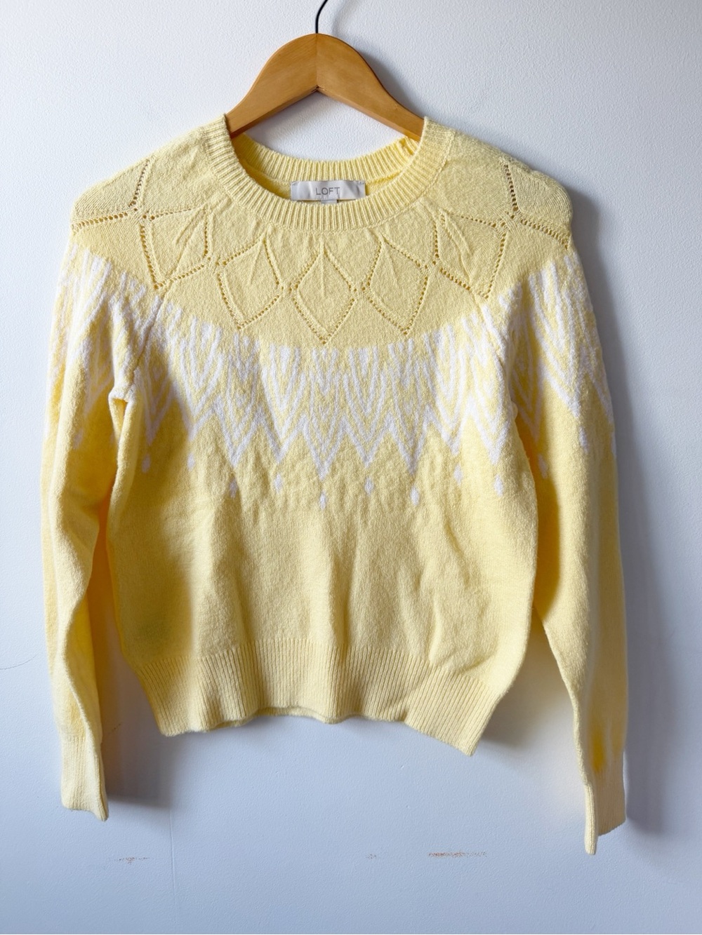 LOFT Pale Yellow Crewneck Sweater with White Yoke Motif